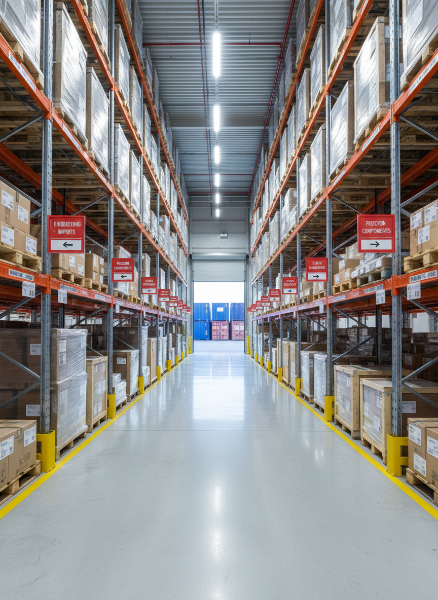 An immaculate interior of a high-bay warehouse dedicated to engineering imports and trading, featuring tall steel racking systems loaded with neatly wrapped pallets of industrial equipment, labeled crates, and boxed components. The smooth concrete floor reflects the cool white light from overhead LED fixtures, creating bright, consistent illumination and gentle, soft-edged shadows beneath the shelving. Color-coded signage and barcoded labels appear in sharp detail on the racking, reinforcing a sense of order and reliability. In the background, large open loading bays reveal a sunlit exterior with parked shipping containers and a clear sky. Shot from a low, wide-angle perspective down a central aisle, the composition emphasizes depth, scale, and operational efficiency in a clean, photographic realism style, entirely devoid of people.