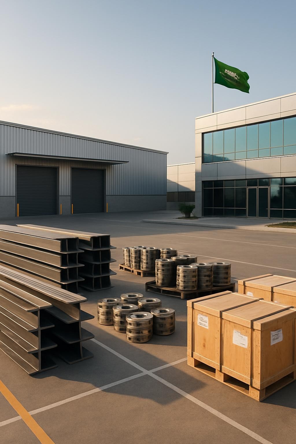 A wide, panoramic view of a modern Saudi industrial hub showing a clean, well-organized engineering and trading facility. In the foreground, neatly stacked steel beams, precision metal components, and labeled shipping crates sit on a smooth concrete yard marked with crisp safety lines. In the middle ground, a contemporary warehouse with metallic cladding and large roll-up doors stands beside a low-rise administrative building with reflective glass. The late afternoon desert sunlight casts warm, directional light, creating long, defined shadows and subtle highlights on steel surfaces. The sky is clear and pale blue, suggesting reliability and open opportunity. Shot at eye level with sharp focus throughout, the photographic realism and balanced composition communicate professionalism, efficiency, and long-term partnership potential, with no people visible anywhere in the scene.